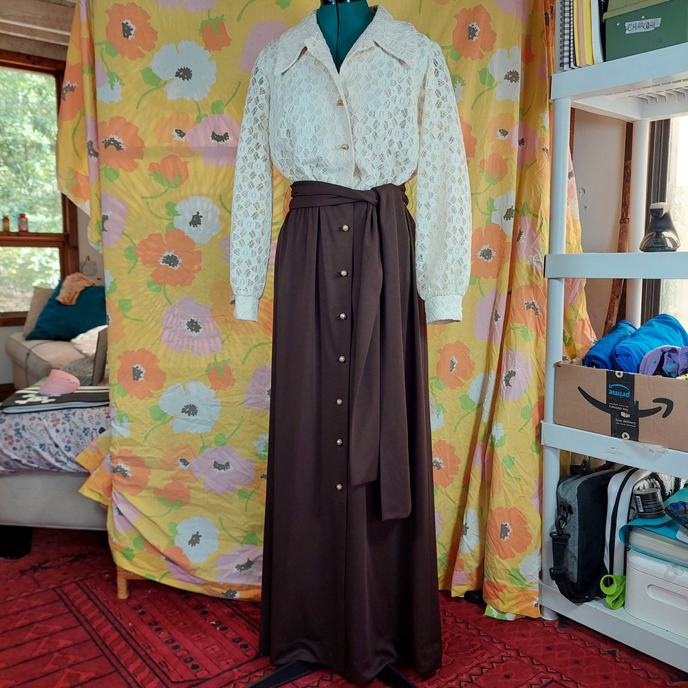 Vintage 70s Nardis of Dallas Lace Maxi Dress Brown White Union Made Medium